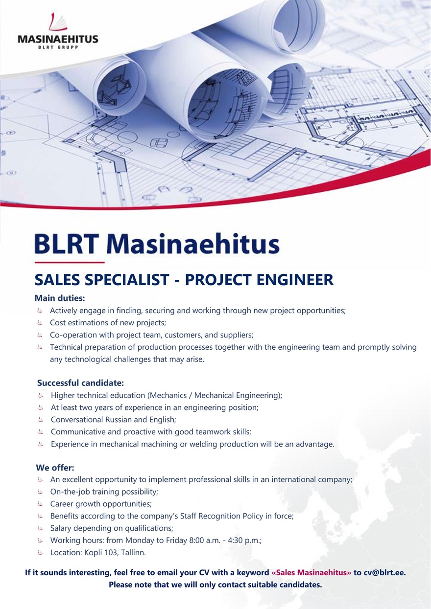 BLRT Masinaehitus Sales specialist - project engineer