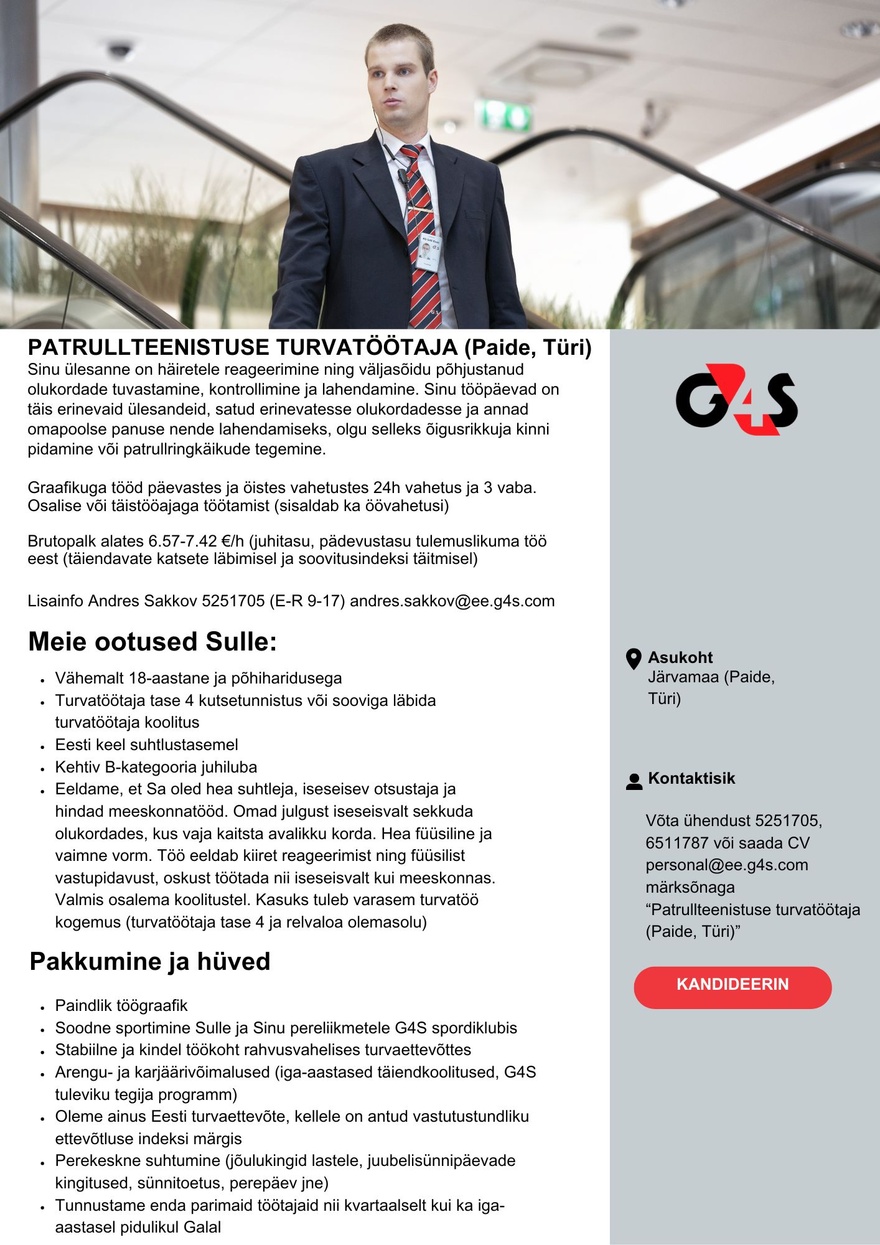 AS G4S Eesti Patrullteenistuse turvatöötaja (Paide, Türi)