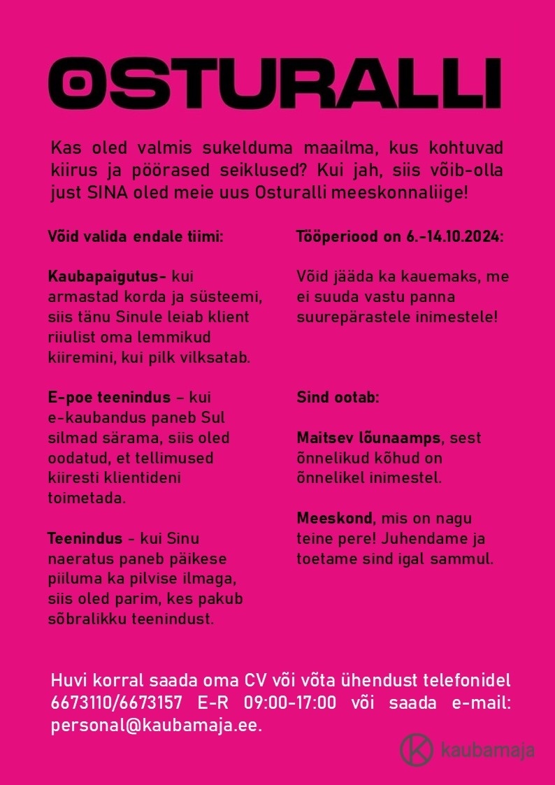 Kaubamaja TÖÖAMPS - Kaubamaja Osturalli 6.-14.10. Teenindus, kaubapaigutus, e-pood