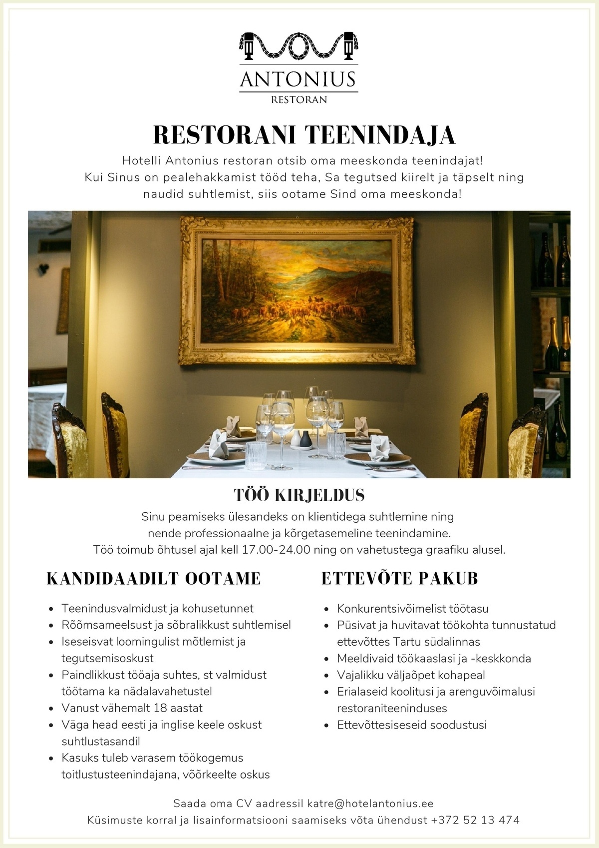 Hotell Antonius OÜ Restorani teenindaja