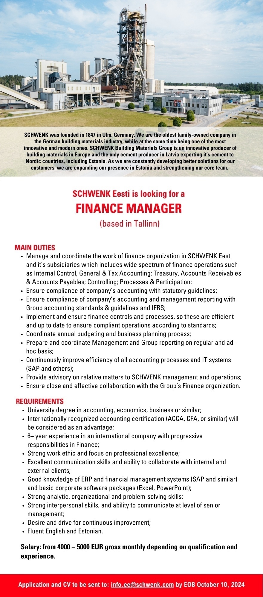 SCHWENK Eesti OÜ Finance Manager