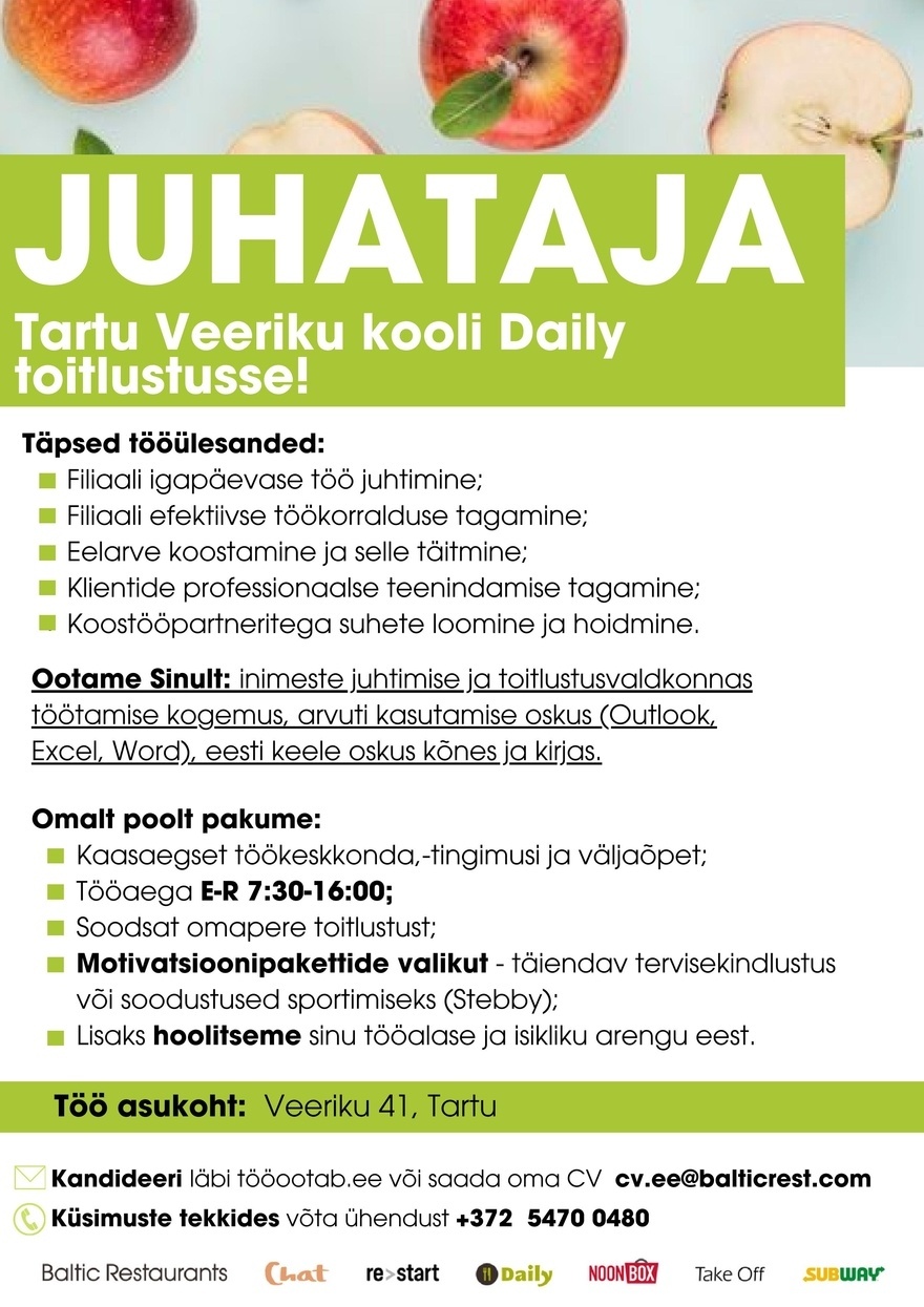 Baltic Restaurants Estonia JUHATAJA Tartu Veeriku Kooli Daily toitlustusse!