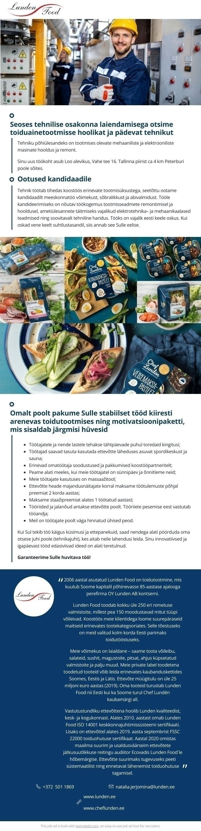 Lunden Food OÜ Hooldustehnik tootmisel