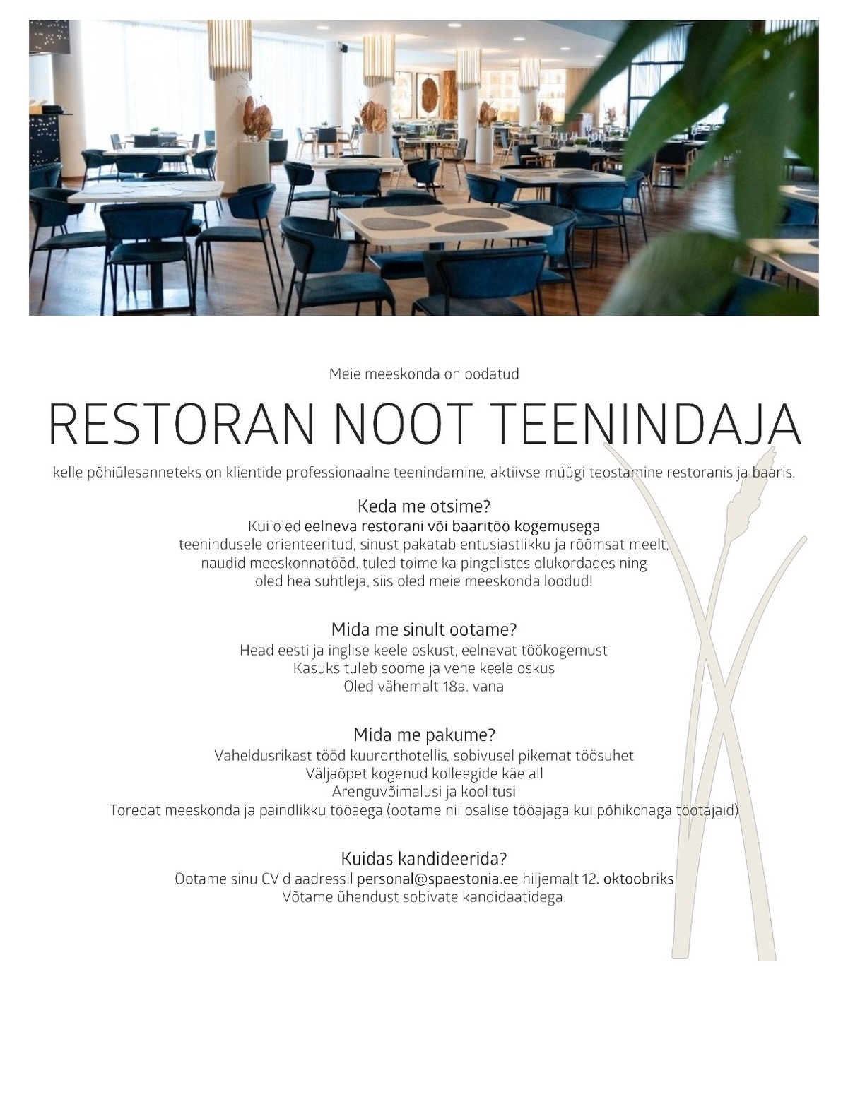 Estonia Spa Hotels AS Kogemustega teenindaja restoranis NOOT Estonia Spa Hotels´is