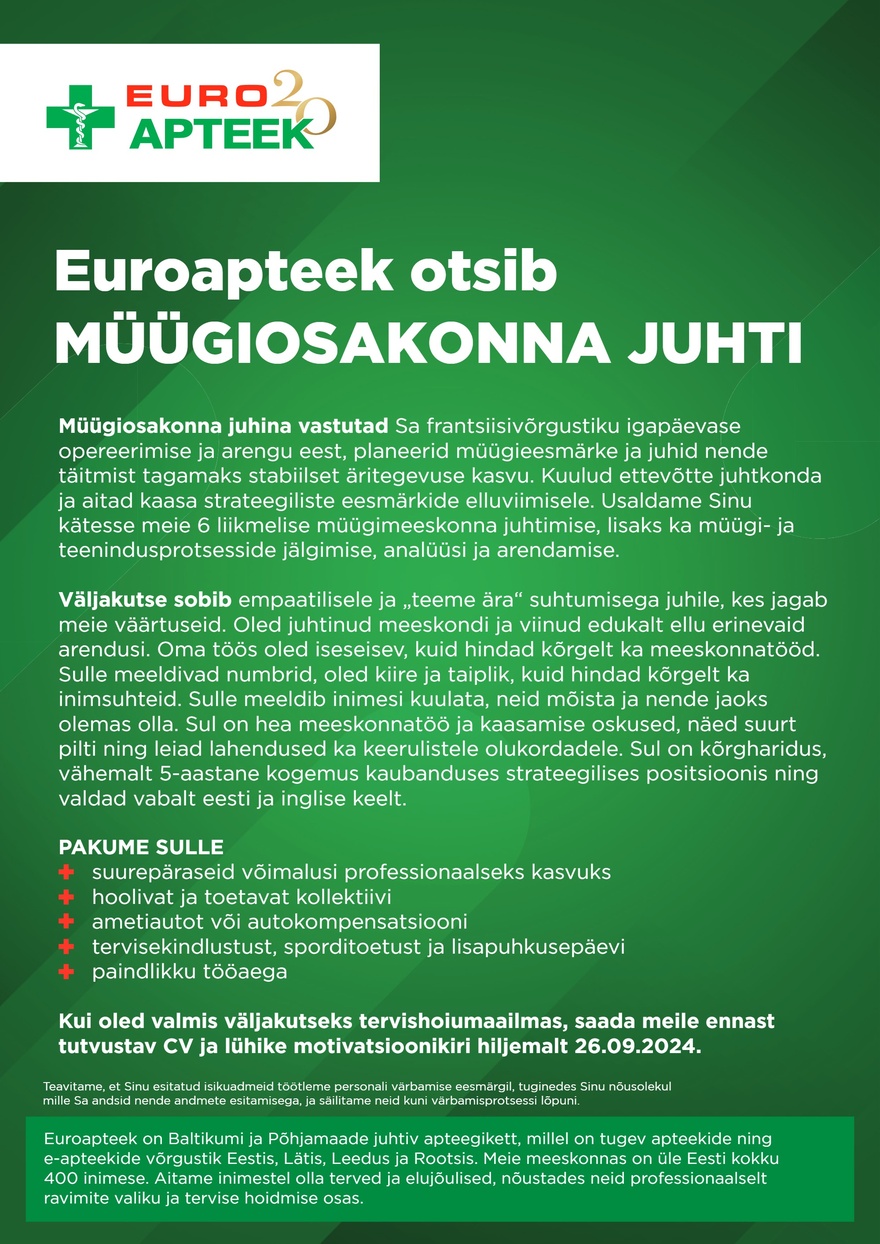 Euroapteek OÜ Müügiosakonna juht