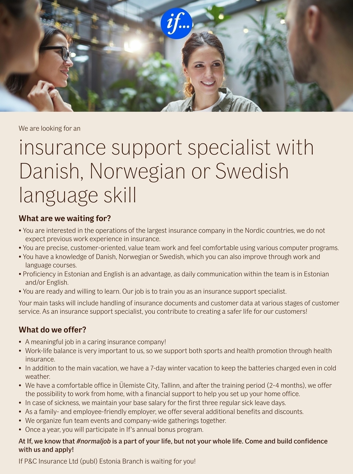 If P&C Insurance Ltd (publ) Eesti filiaal Insurance Support Specialist with Danish, Norwegian or Swedish language skill