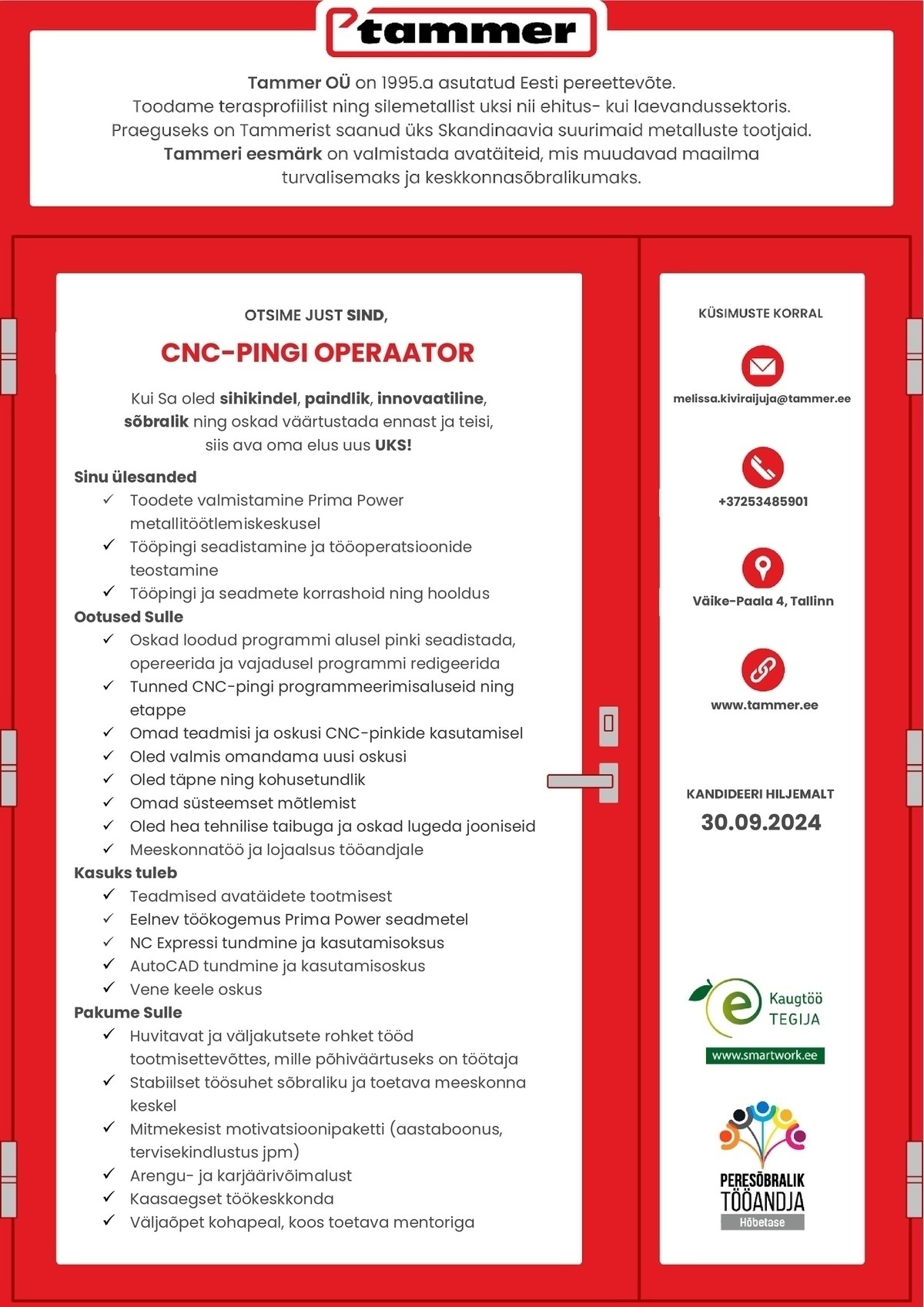 Tammer OÜ CNC-pingi operaator