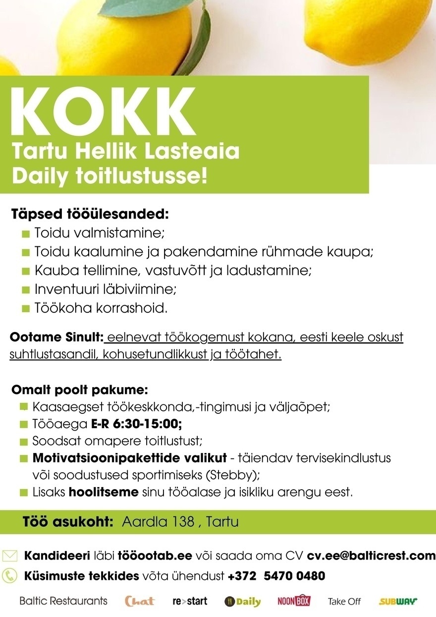 Baltic Restaurants Estonia KOKK Tartu Hellik Lasteaia Daily toitlustusse!