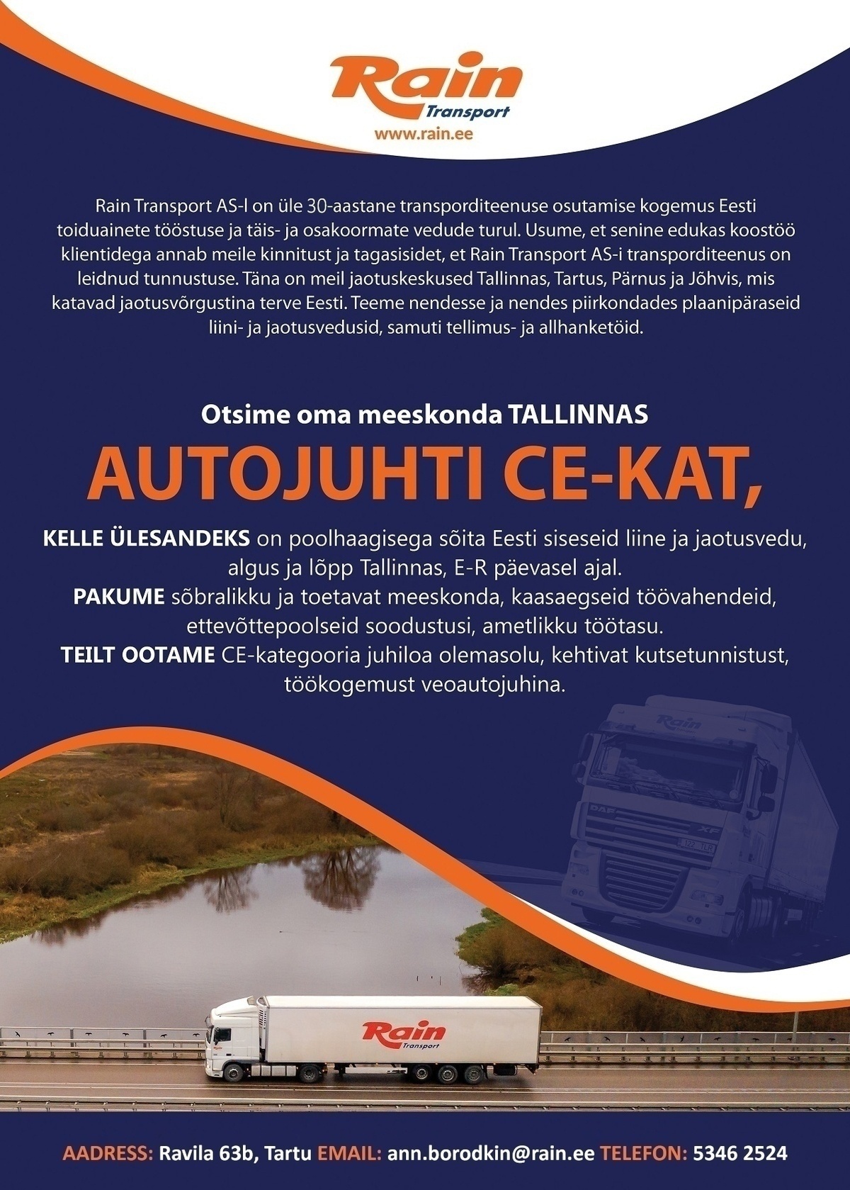 Rain Transport AS Autojuht CE-kat Tallinn