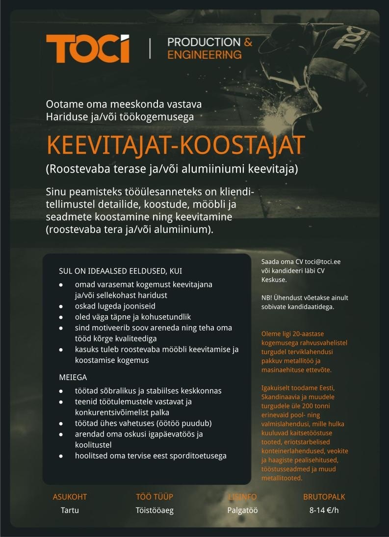 TOCI OÜ KEEVITAJAT-KOOSTAJAT (roostevaba teras/alumiinium)