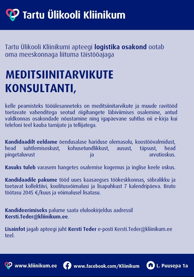 Tartu Ülikooli Kliinikum SA Meditsiinitarvikute konsultant