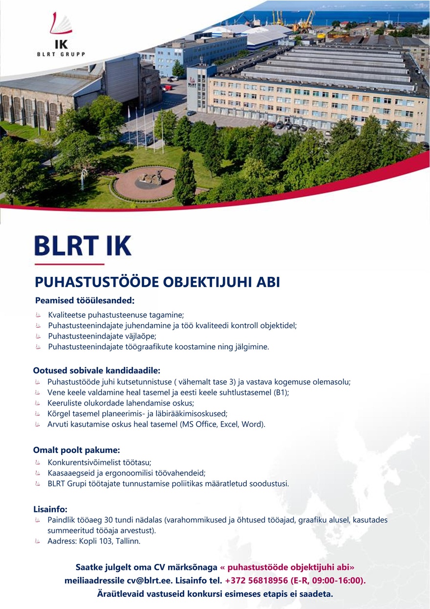 BLRT IK Puhastustööde objektijuhi abi