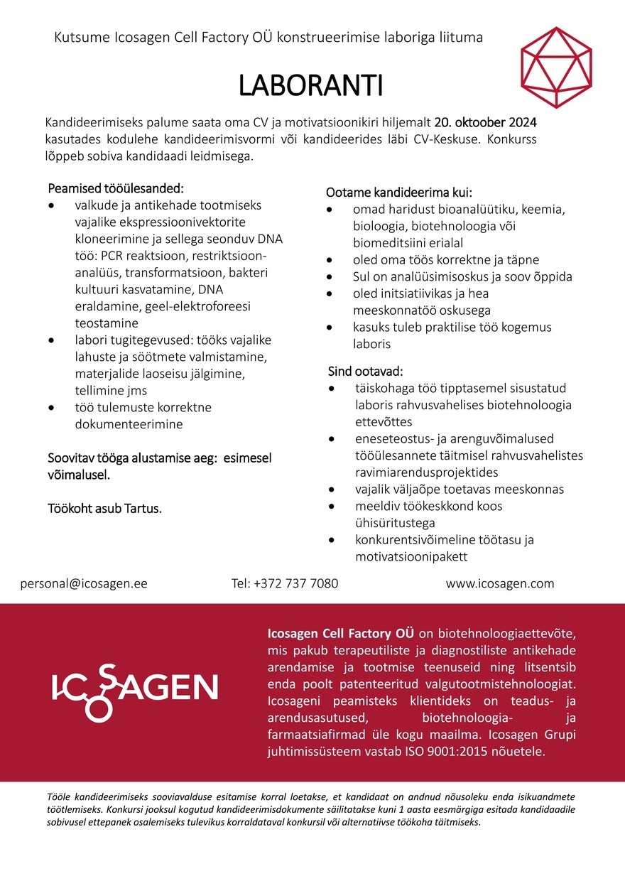 Icosagen Cell Factory OÜ Laborant (konstrueerimine)