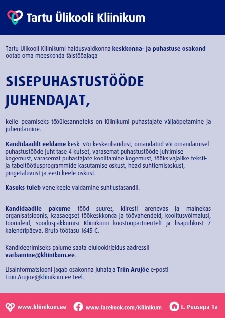 Tartu Ülikooli Kliinikum SA Sisepuhastustööde juhendaja