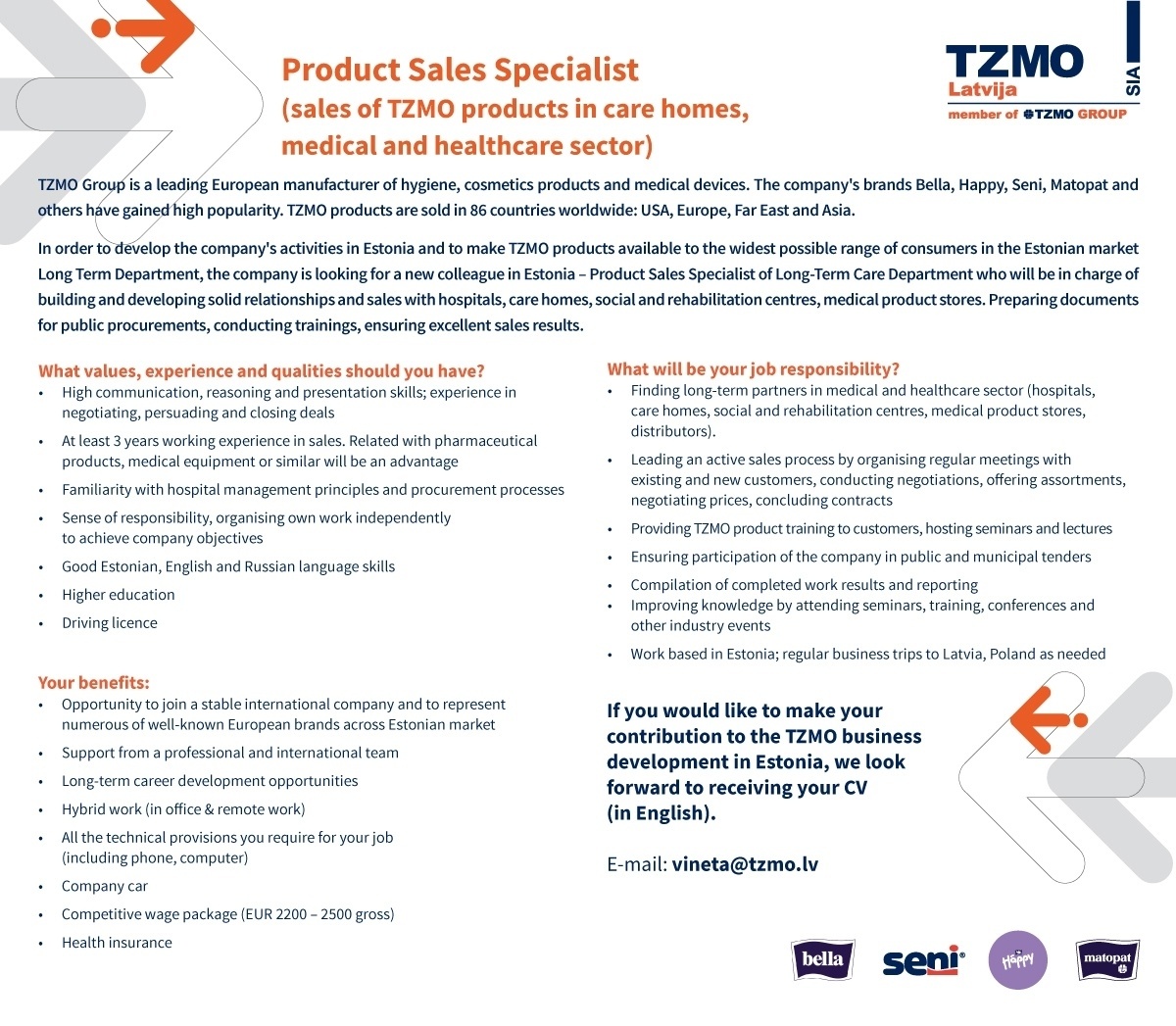 TZMO Latvija, SIA Product Sales Specialist (sales of TZMO products in care homes, medical and healthcare sector)