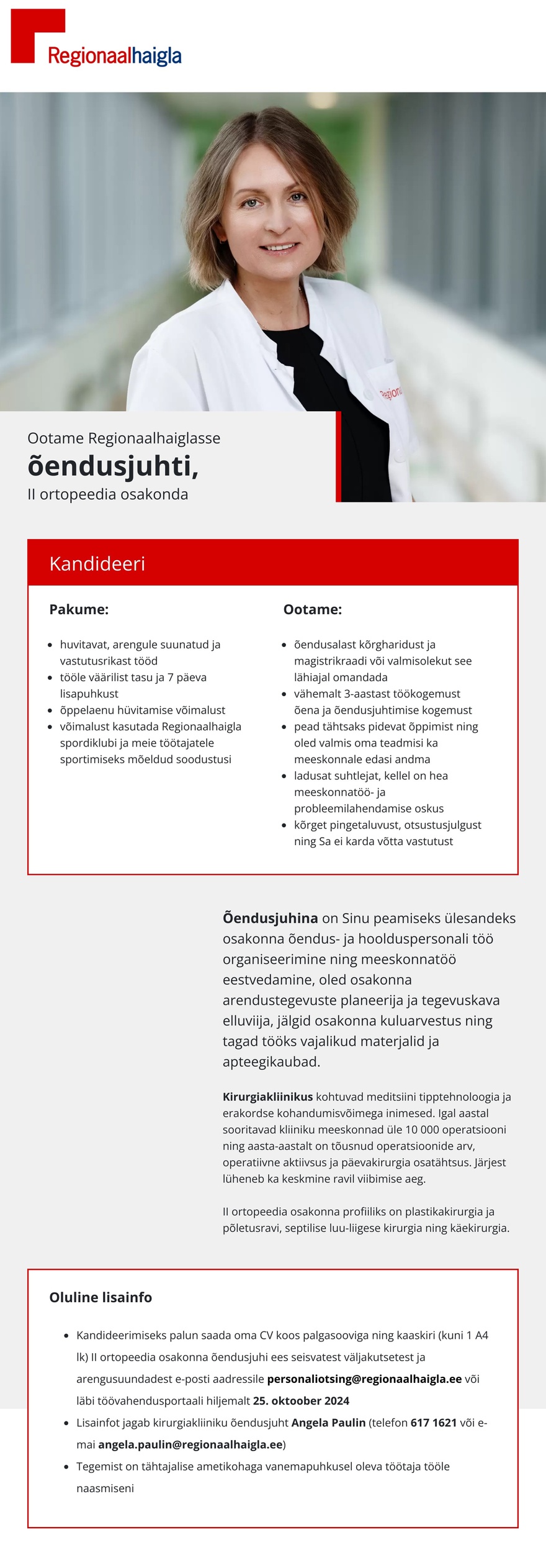 Põhja-Eesti Regionaalhaigla Õendusjuht II ortopeedia osakond