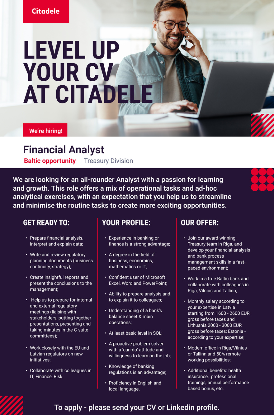 AS CITADELE BANKA EESTI FILIAAL Financial Analyst