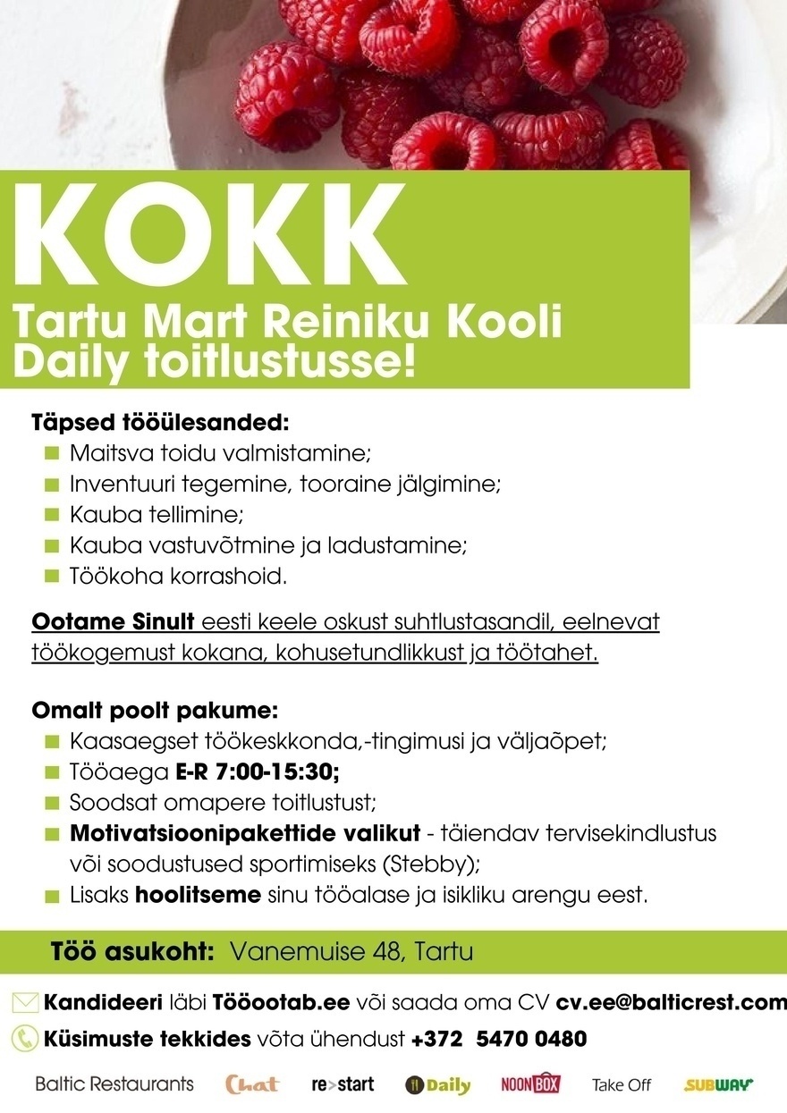 Baltic Restaurants Estonia KOKK Tartu Mart Reiniku Kooli Daily toitlustusse!