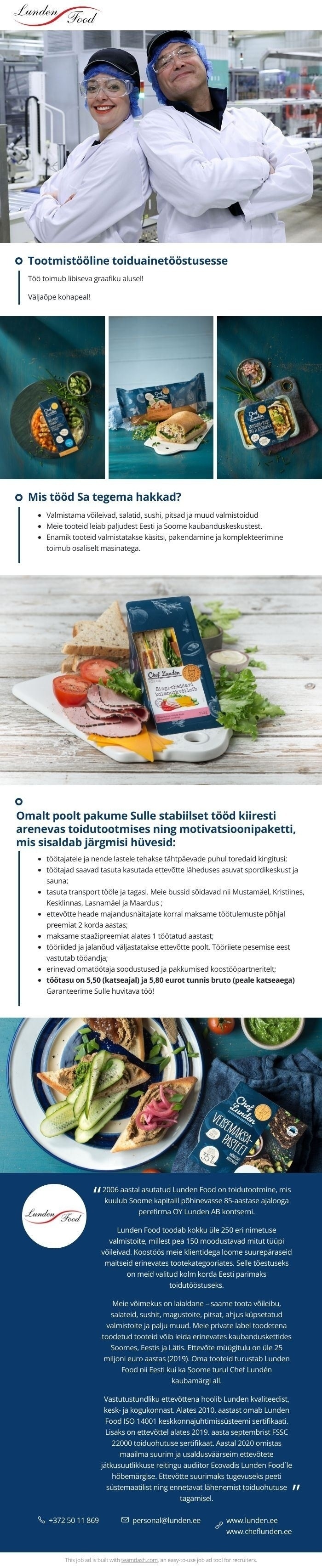 Lunden Food OÜ Tootmistööline