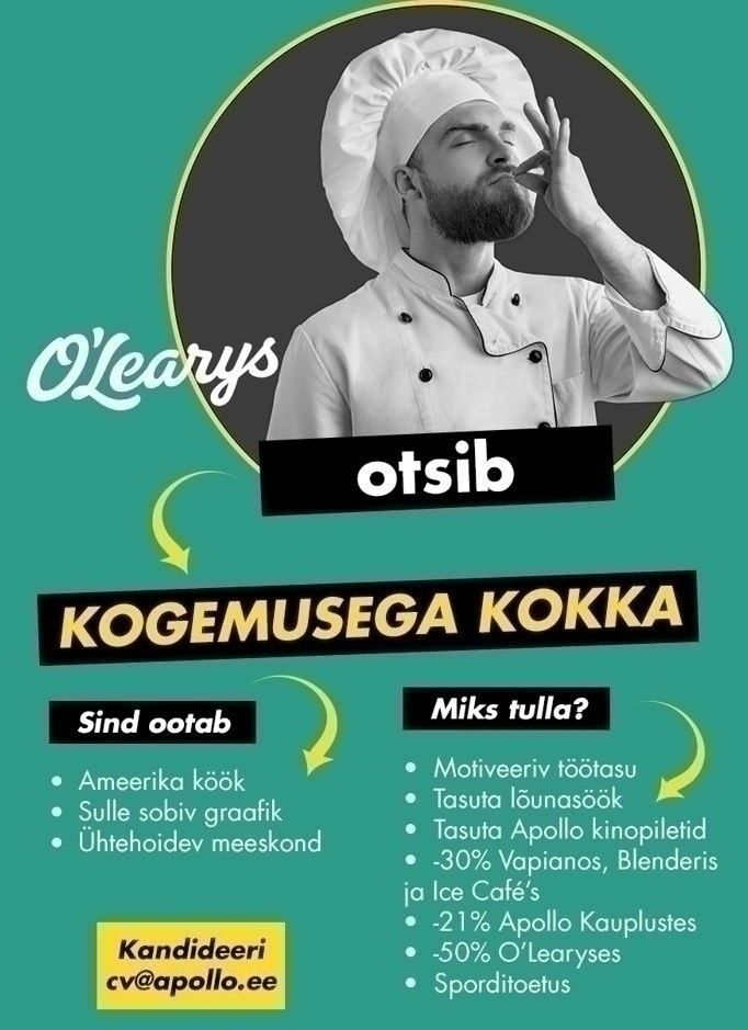 APL Restoranid OÜ Kogemusega kokk, O'Learys Eeden ootab Sind! (osalise koormusega)