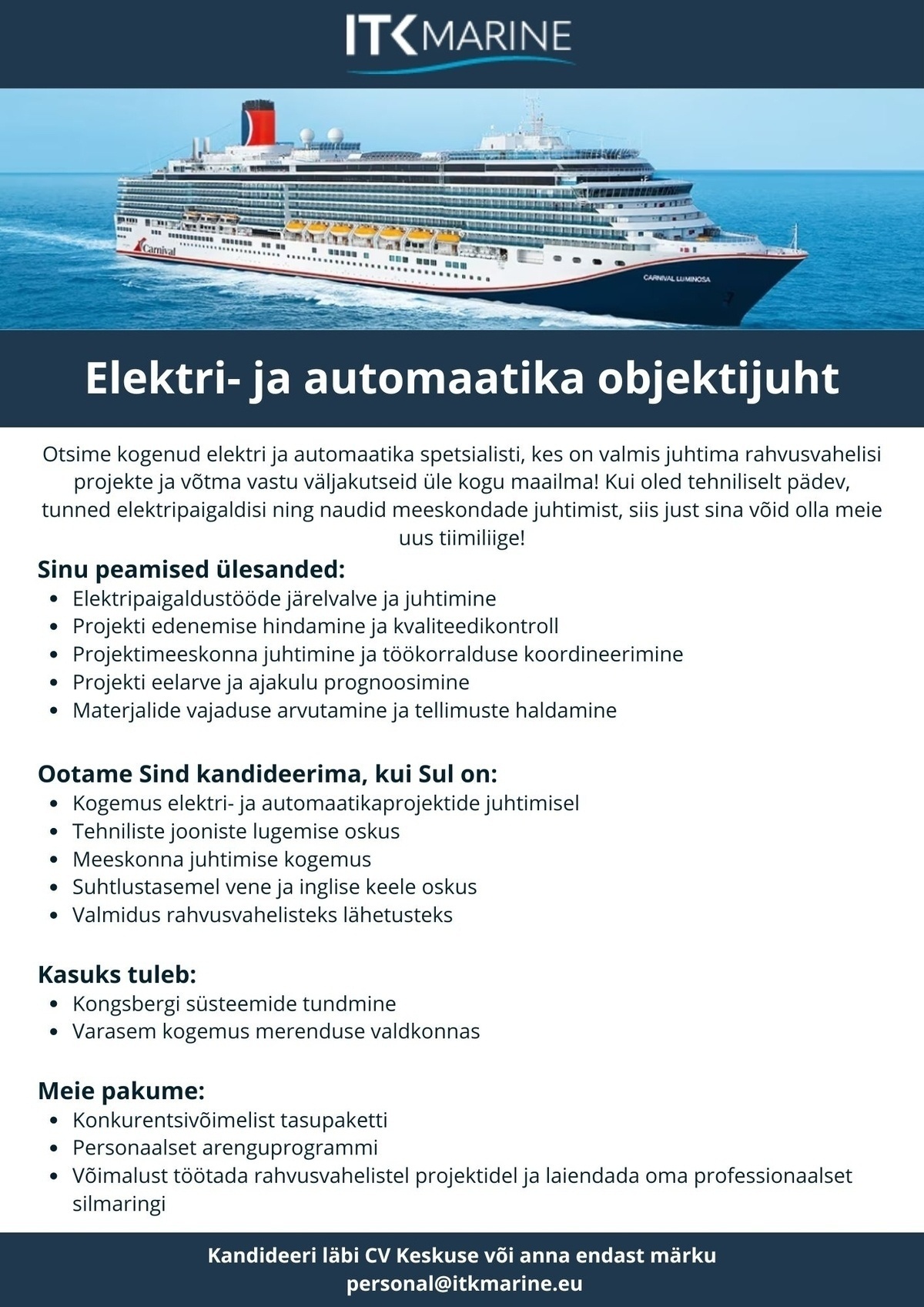 ITK MARINE OÜ Elektri- ja automaatika objektijuht