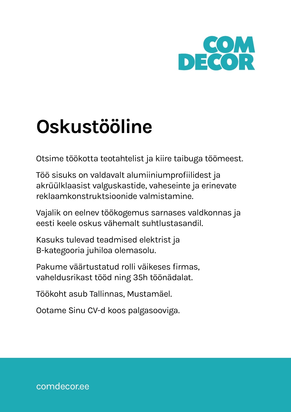 Comdecor OÜ Oskustööline