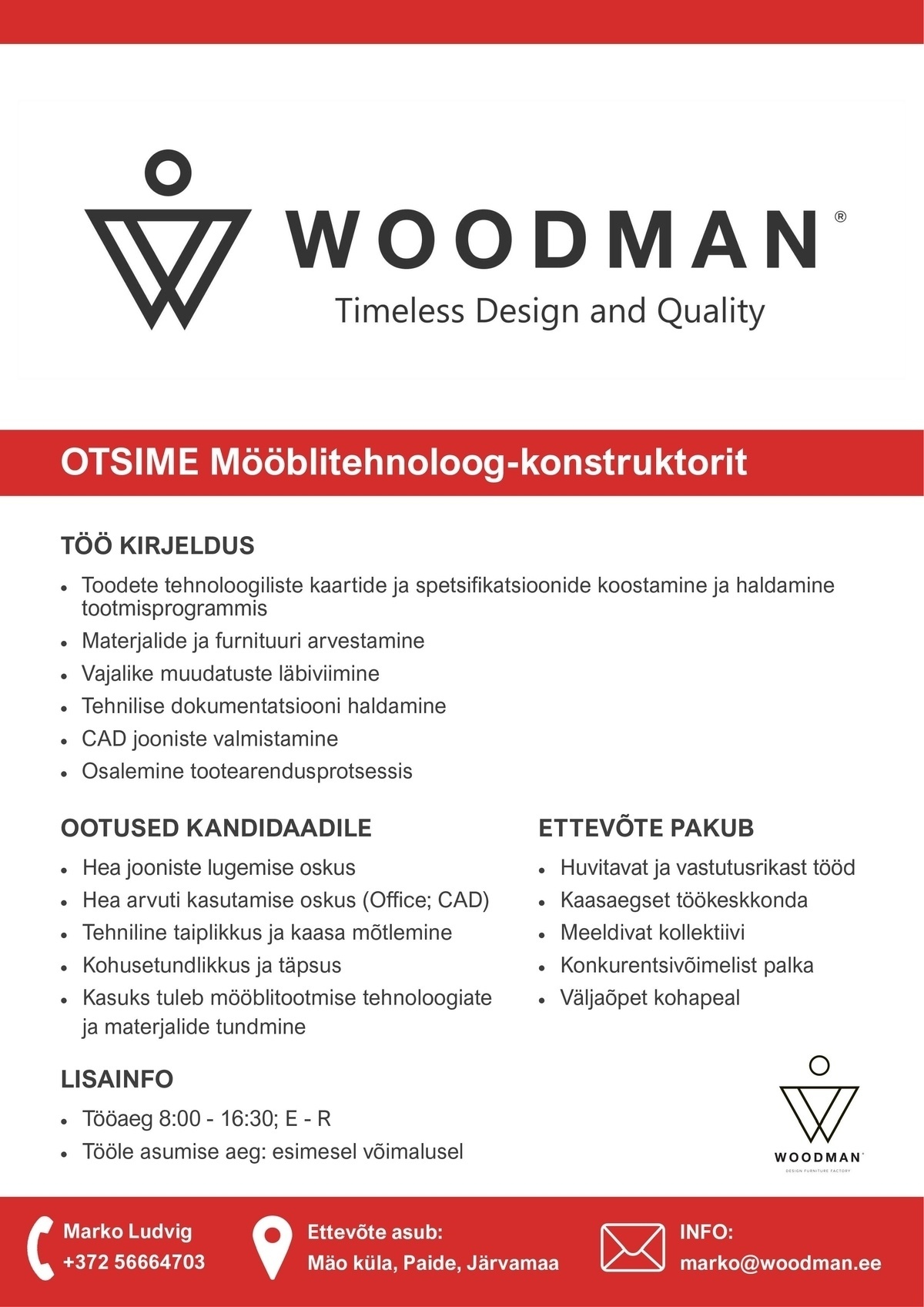 Woodman OÜ Mööblitehnoloog-konstruktor