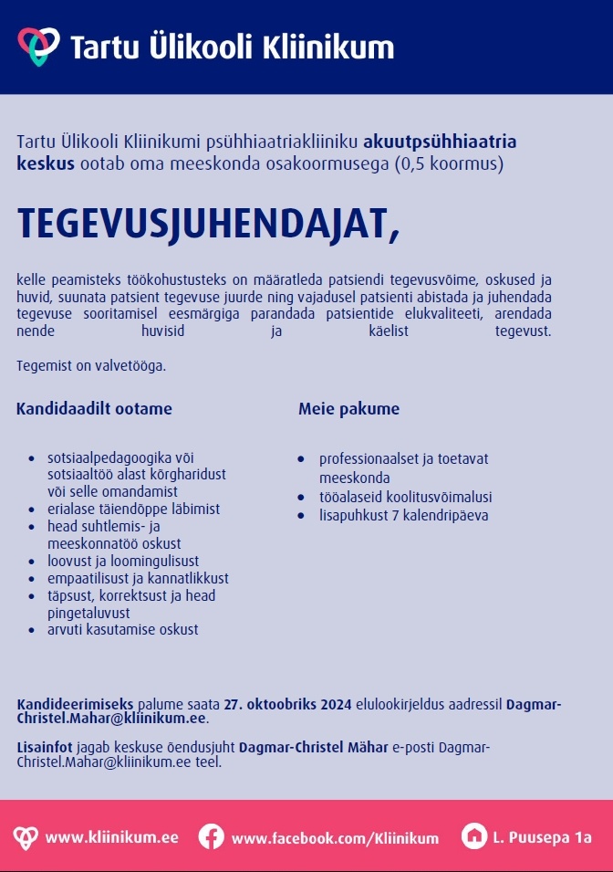 Tartu Ülikooli Kliinikum SA Tegevusjuhendaja