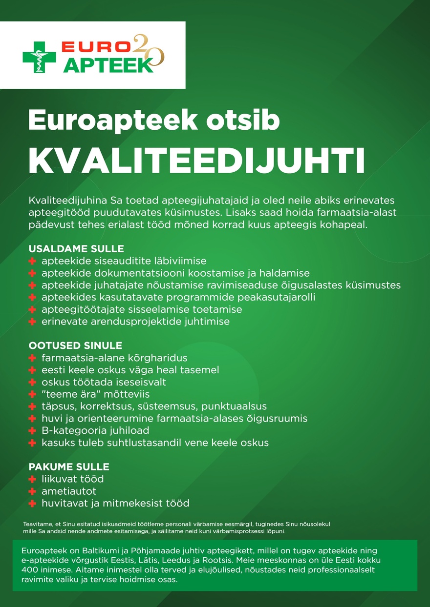 Euroapteek OÜ Kvaliteedijuht