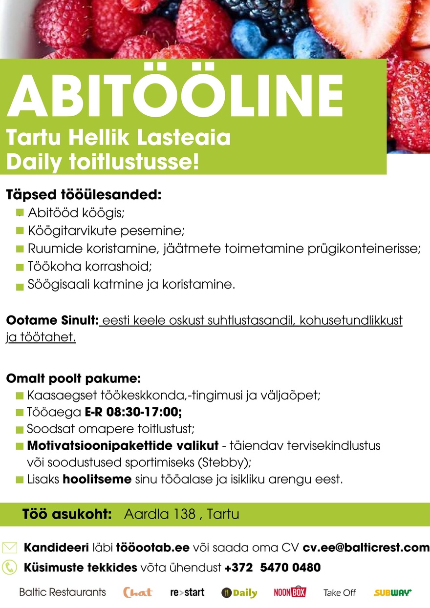 Baltic Restaurants Estonia ABITÖÖLINE Tartu Hellik Lasteaia Daily toitlustusse!