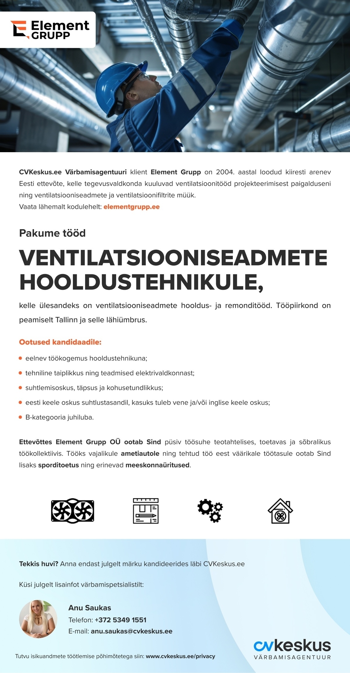 Element Grupp OÜ Ventilatsiooniseadmete hooldustehnik