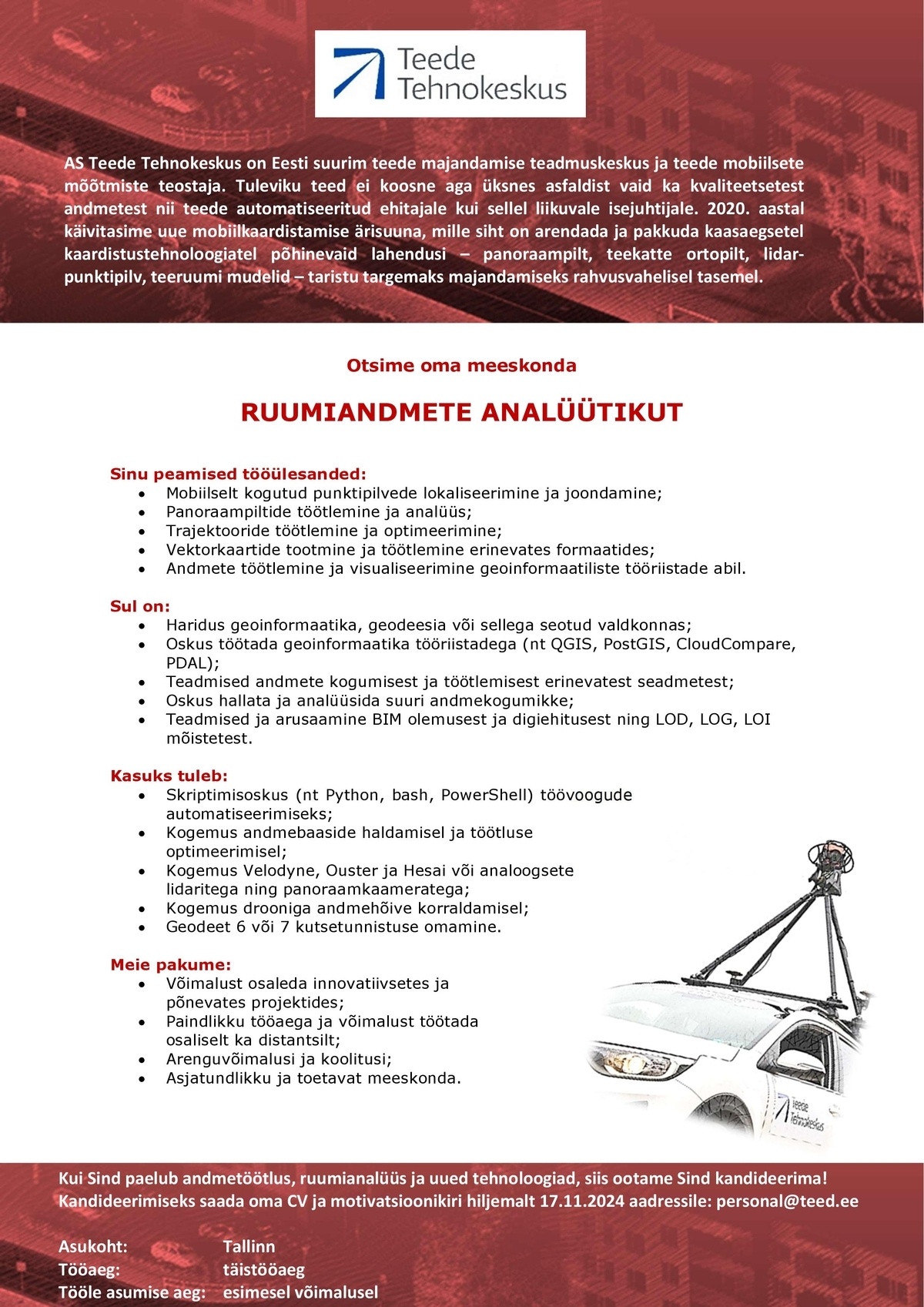 Teede Tehnokeskus AS Ruumiandmete analüütik