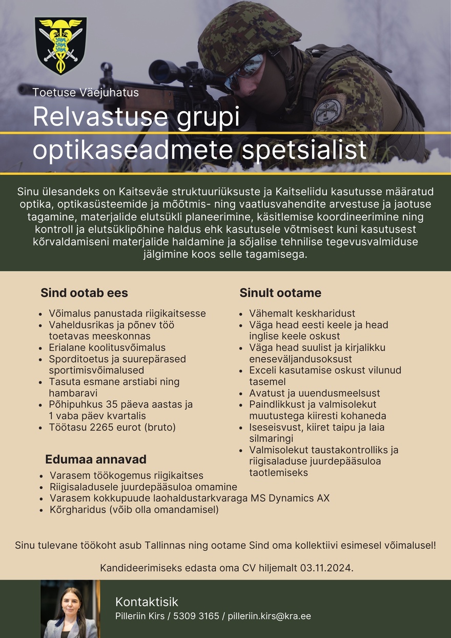 Toetuse väejuhatus Relvastuse grupi optikaseadmete spetsialist