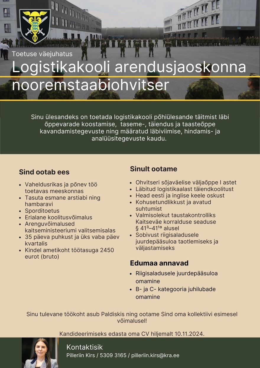 Toetuse väejuhatus Logistikakooli arendusjaoskonna nooremstaabiohvitser