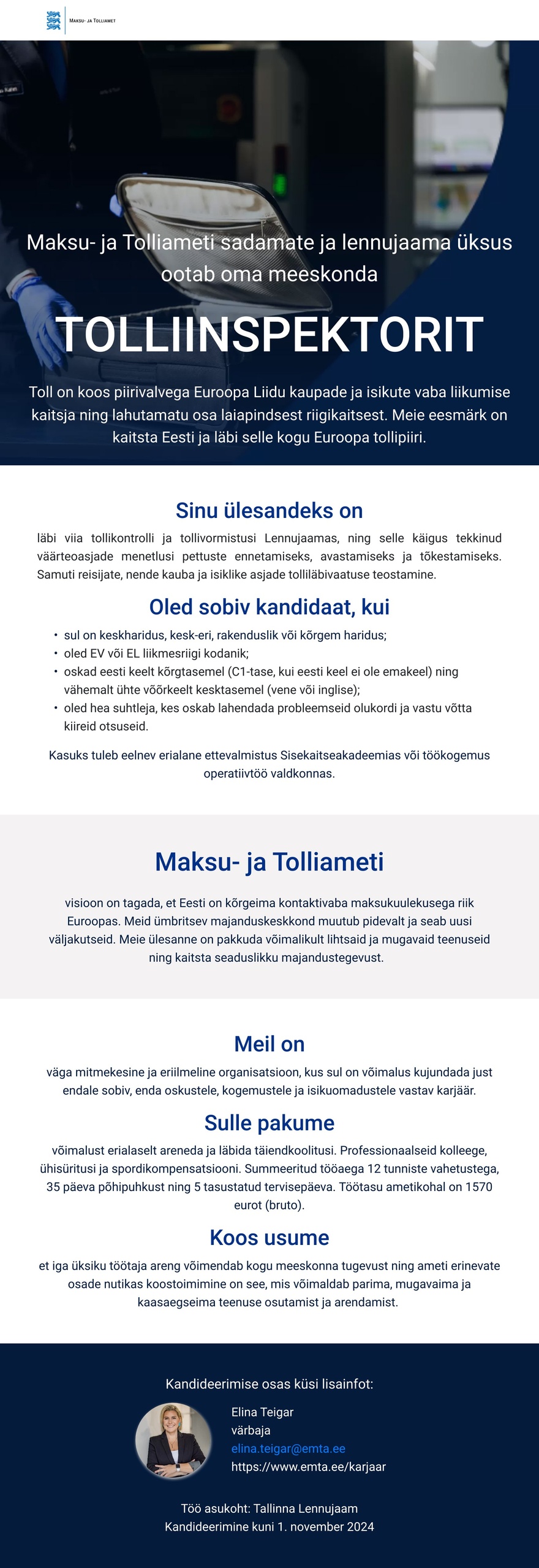 Maksu- ja Tolliamet Tolliinspektor (Lennujaama tollipunkt)