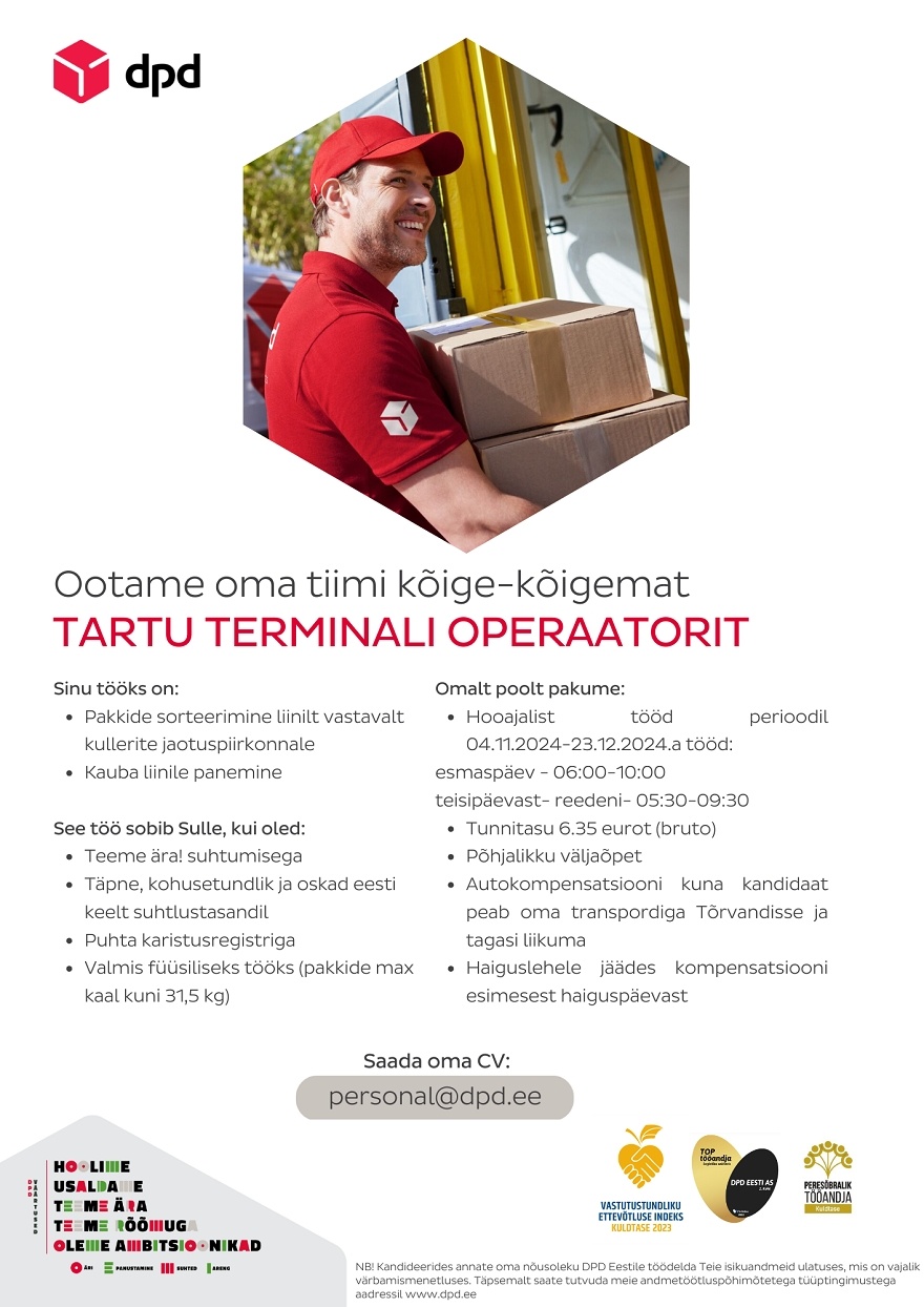 DPD Eesti AS Tartu terminali operaator (04.11.2024-23.12.2024)