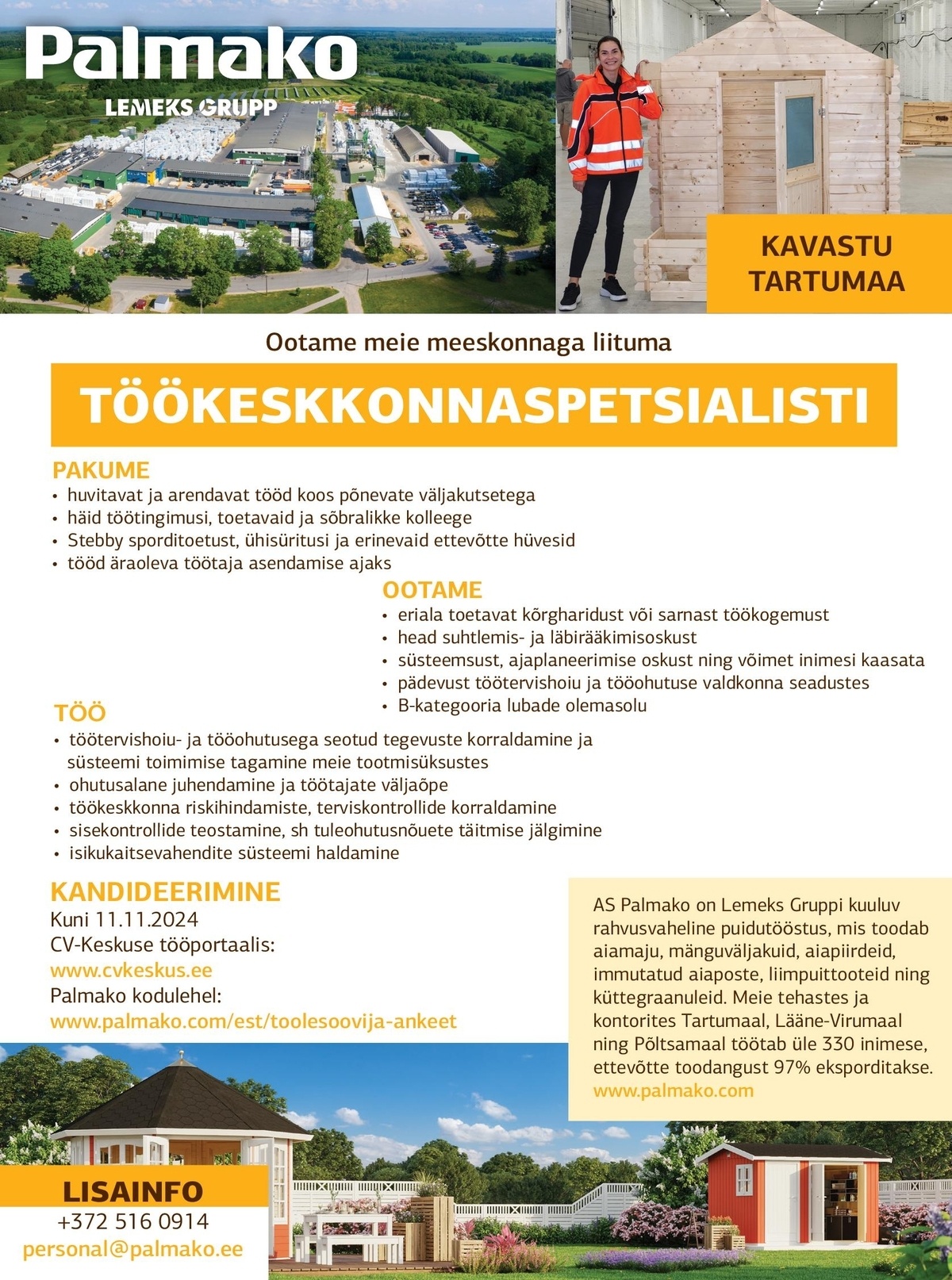 Palmako AS Töökeskkonnaspetsialist (Kavastu tehas)