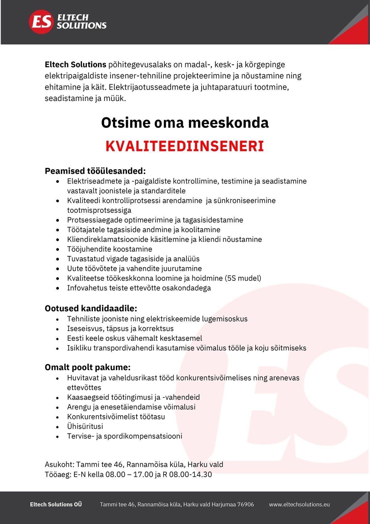 Eltech Solutions OÜ Kvaliteediinsener