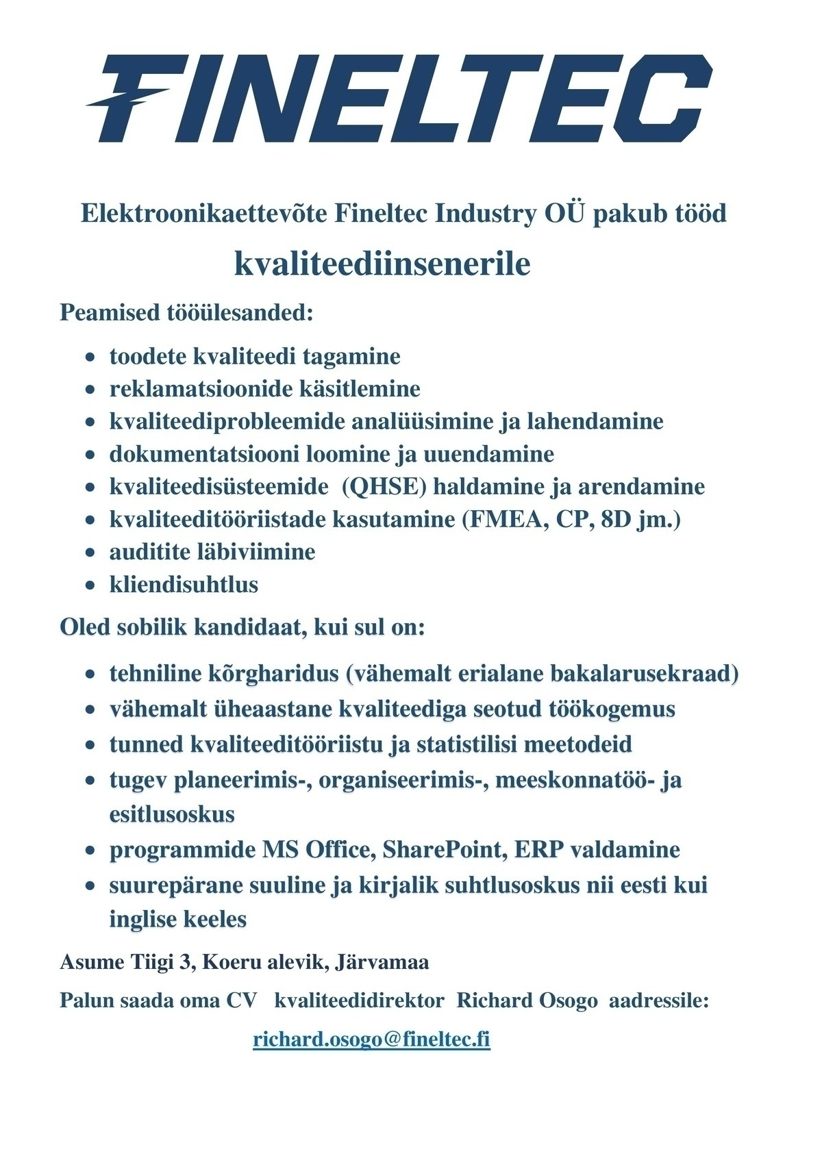 FINELTEC INDUSTRY OÜ Kvaliteediinsener