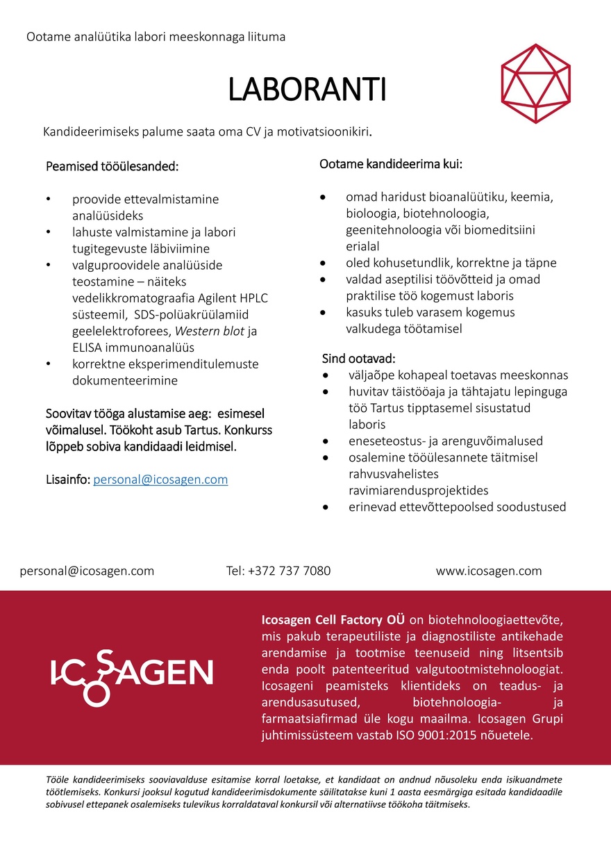 Icosagen Cell Factory OÜ Laborant analüütika laborisse