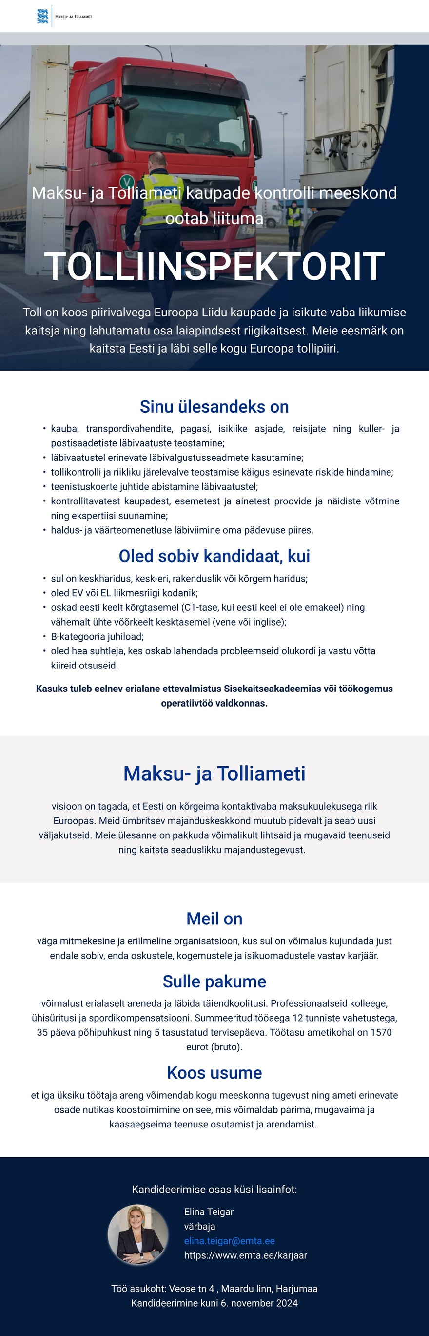 Maksu- ja Tolliamet Tolliinspektor (kaupade kontroll)