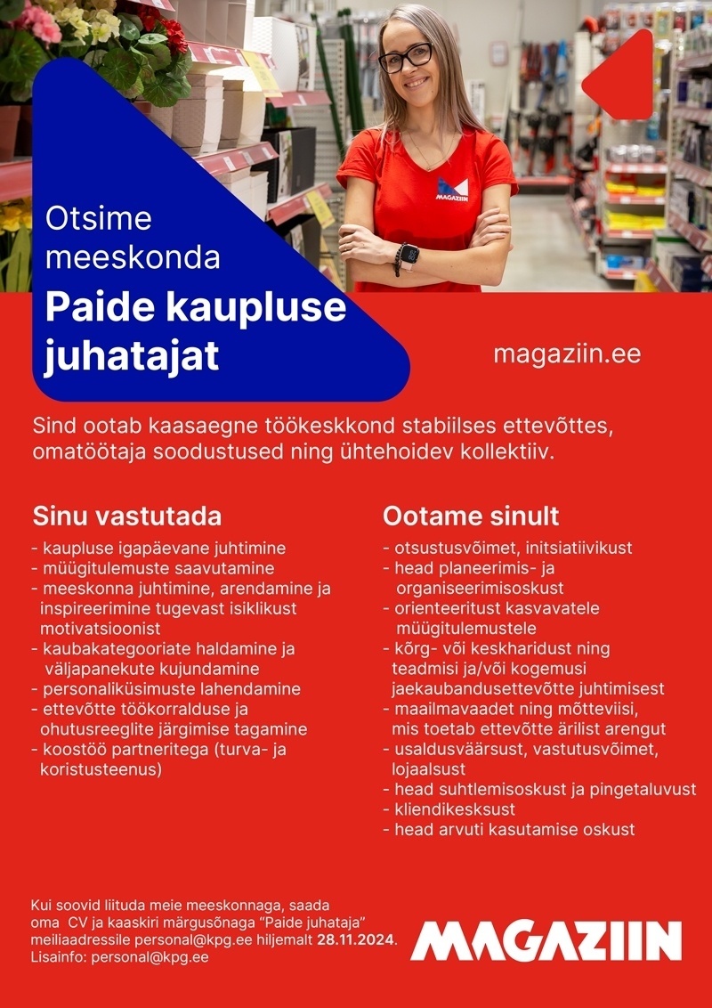 KPG Kaubanduse OÜ Paide Magaziin juhataja