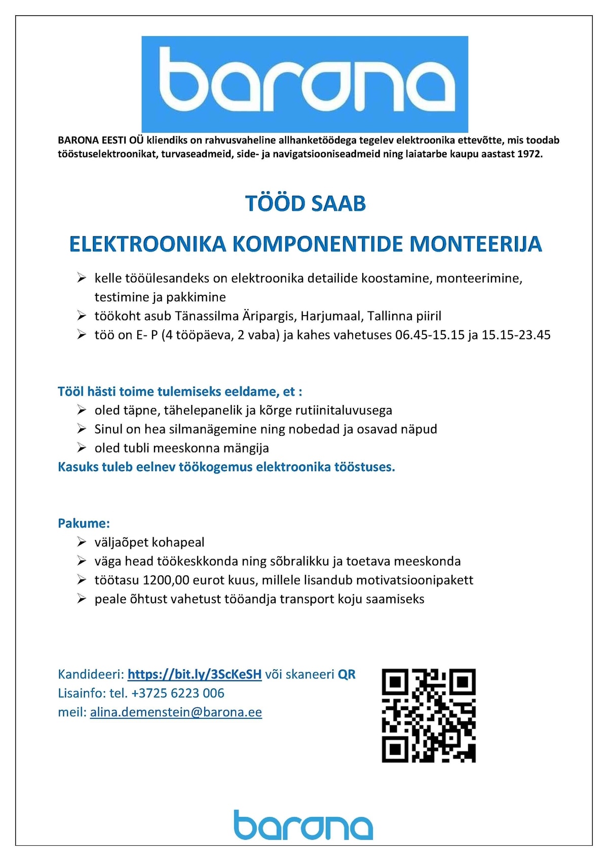 Barona Eesti OÜ ELEKTROONIKA KOMPONENTIDE MONTEERIJA