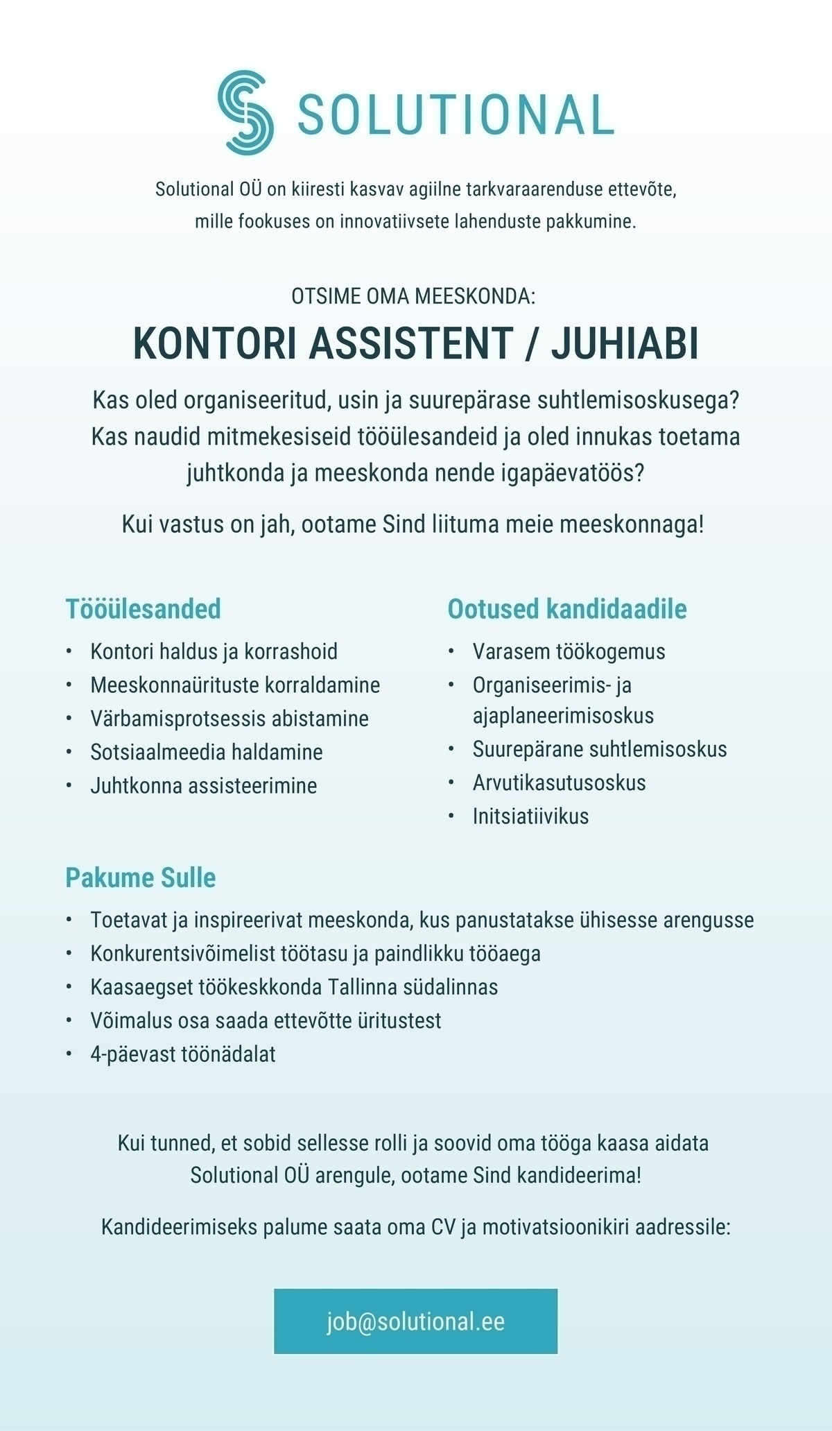 Solutional OÜ Kontori assistent / Juhiabi