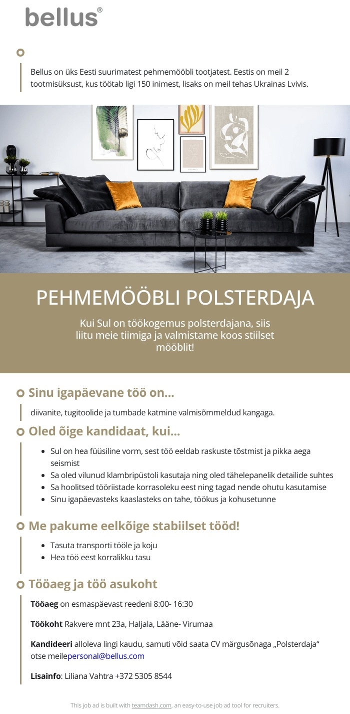 Bellus Furniture OÜ PEHMEMÖÖBLI POLSTERDAJA