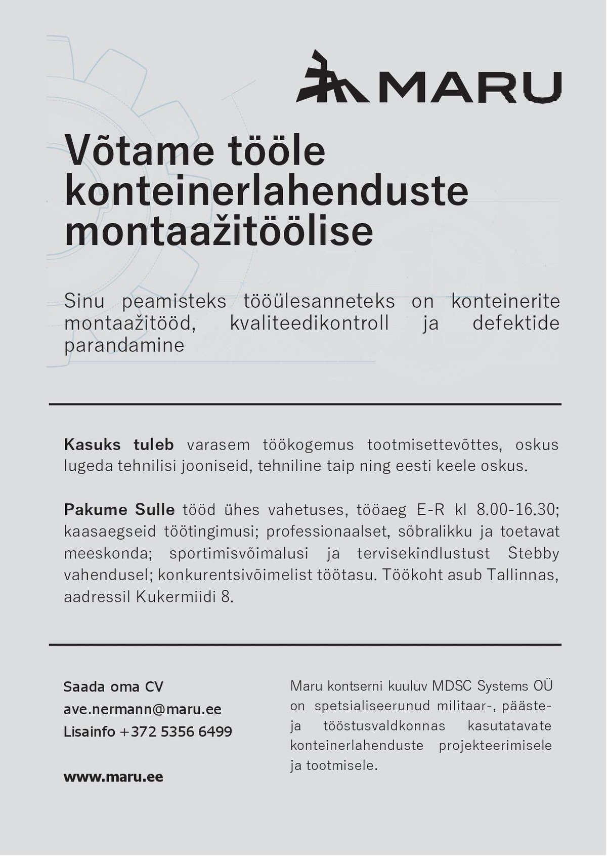 MDSC SYSTEMS OÜ Konteinerlahenduste montaažitööline