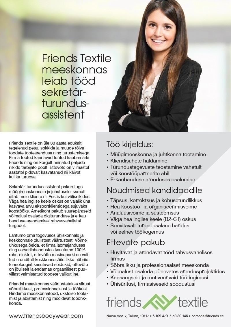 Friends Textile OÜ Sekretär-turundusassistent