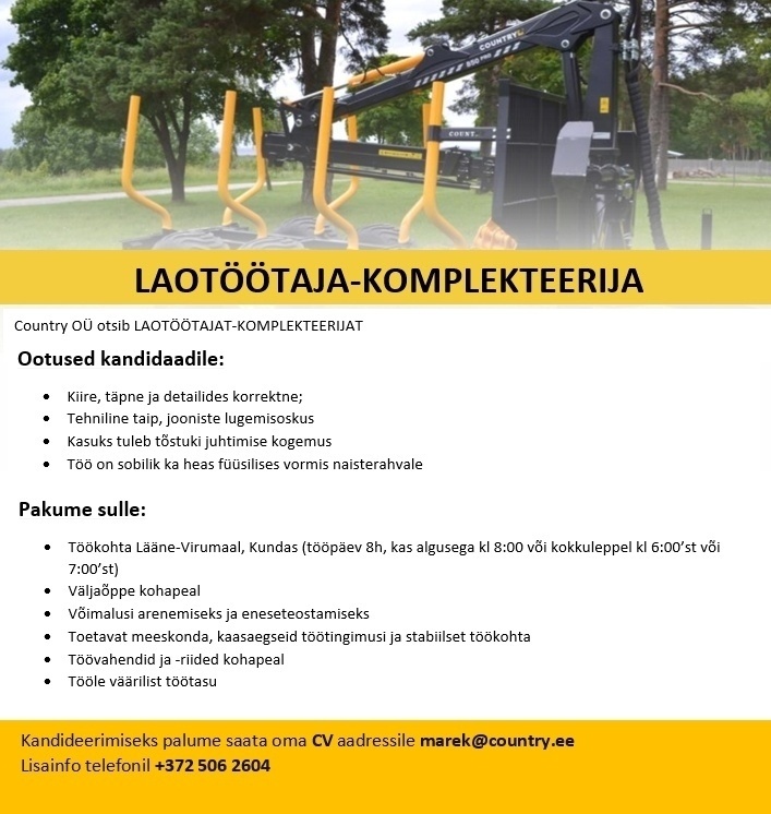 COUNTRY OÜ Laotöötaja-komplekteerija