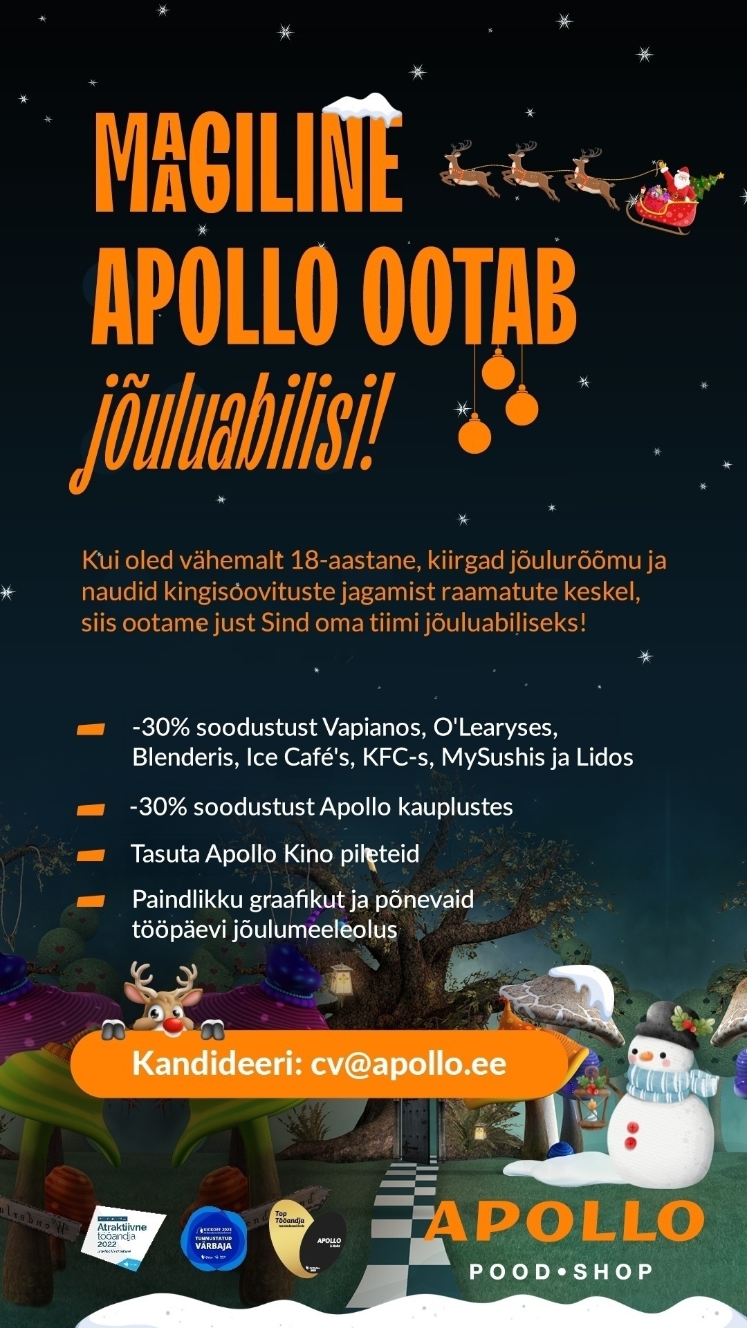 Apollo Kauplused OÜ Ülemiste APOLLO kauplus otsib jõuluabilisi! (01.12.2024–31.01.2025)