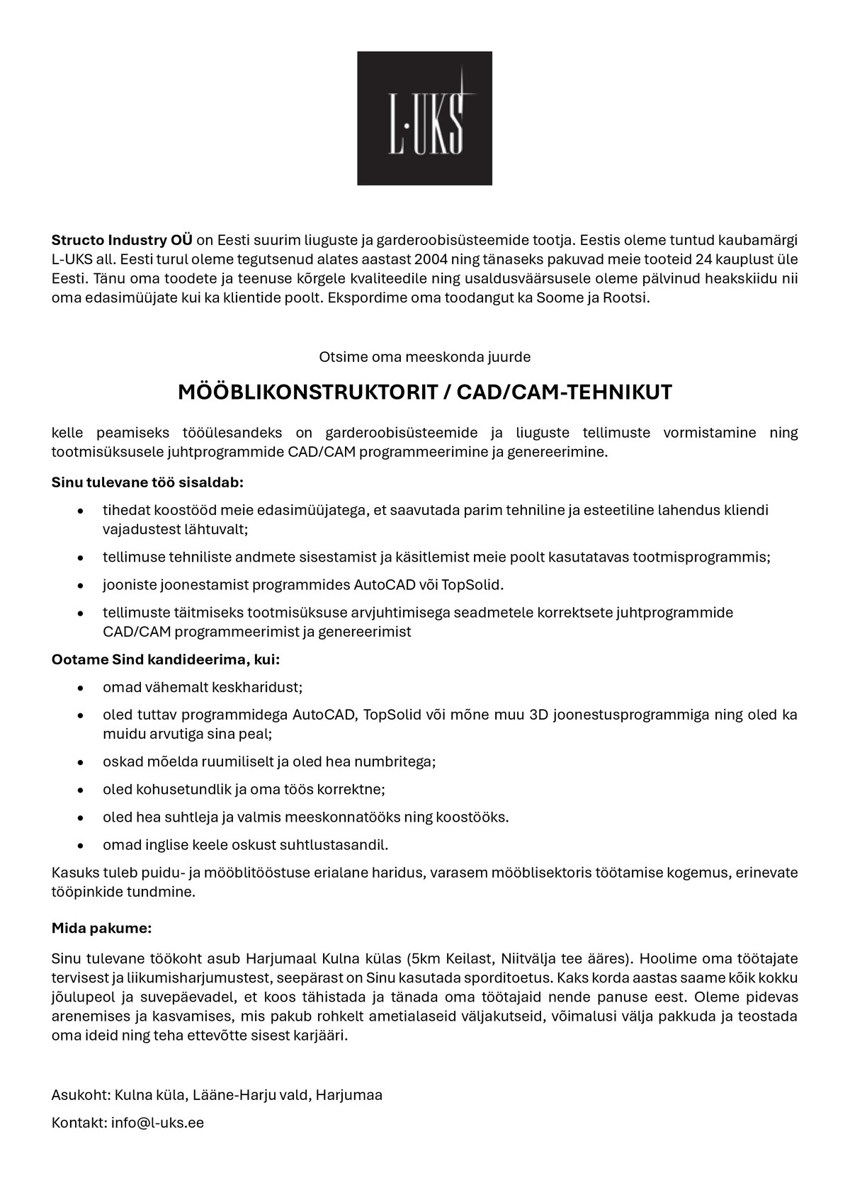 Structo Industry OÜ Konstruktor / CAD/CAM-tehnik